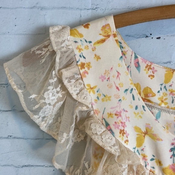 Simple Retro Romantic Flounce Sleeve Lace Detail Floral Slip Dress M Cottage - Picture 4 of 16